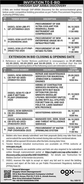Oil & Gas Development Company Limited Islamabad Tender Notice